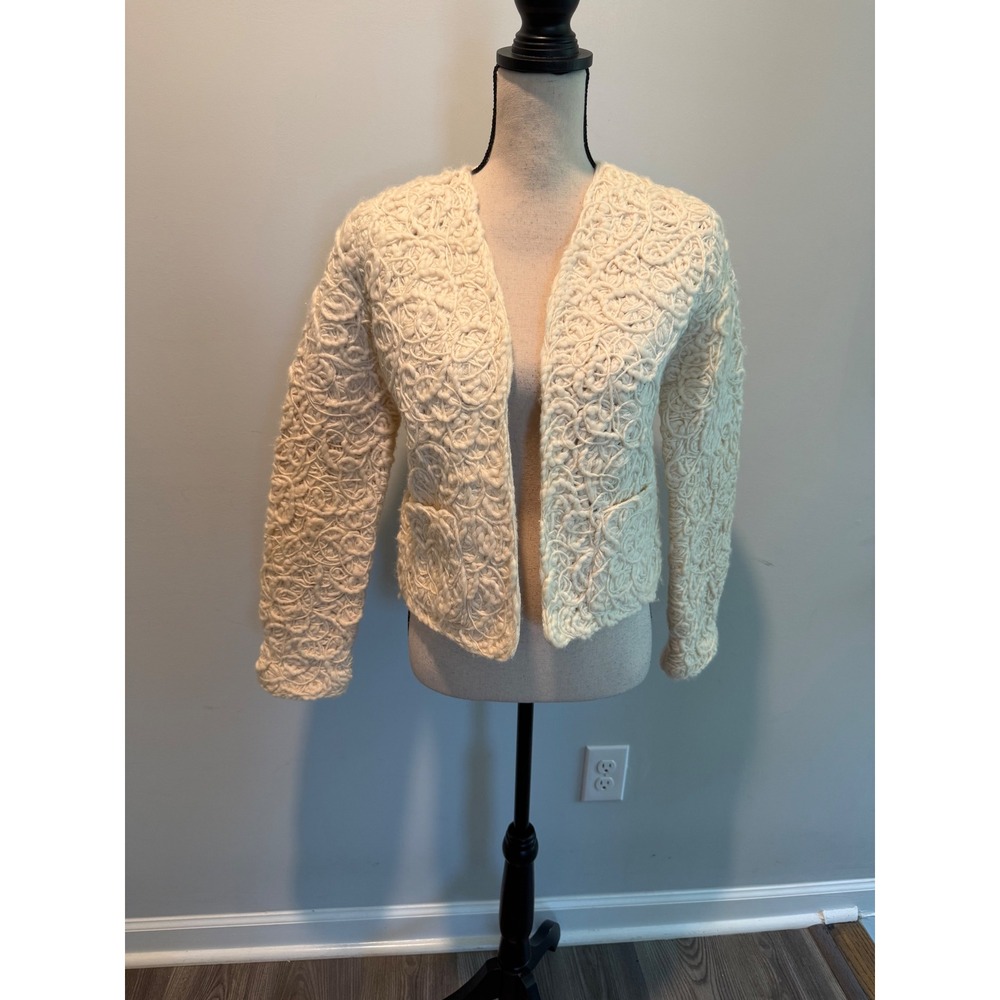 Chicos Wool Grandma Swirl Open Front Cardigan Jacket Ivory Size 0 Small